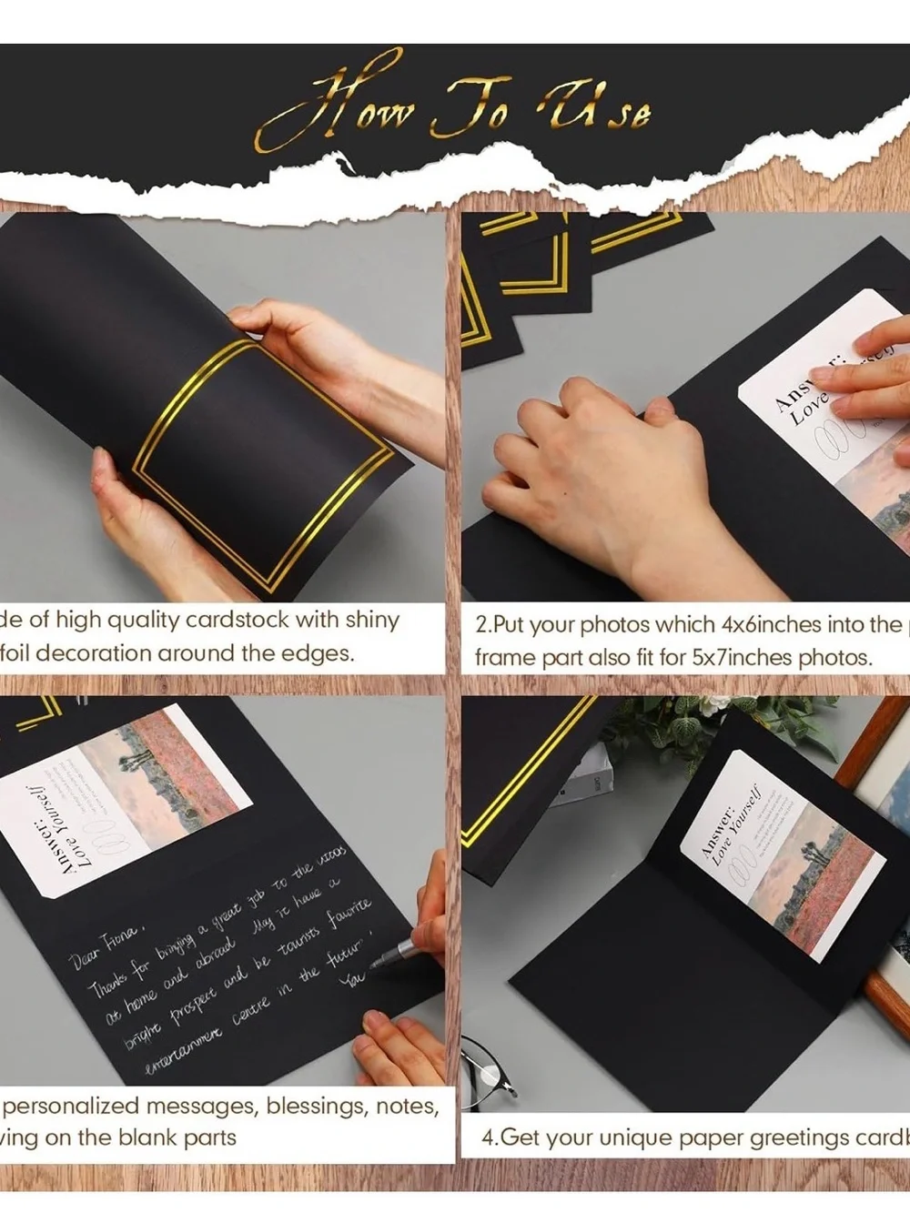 200pcs Black/Gold Photo Folder Card - Elegant Invitation Holder NWT